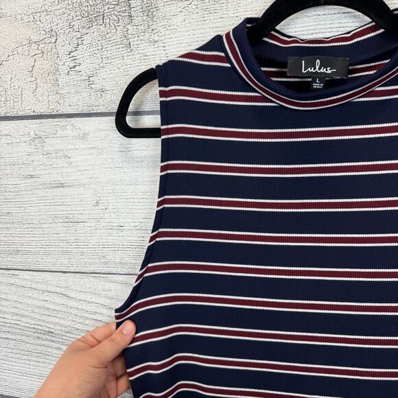 Lulu's Women's Franklin Navy Blue Striped Mock Neck Midi Dress Size Large - Picture 4 of 8